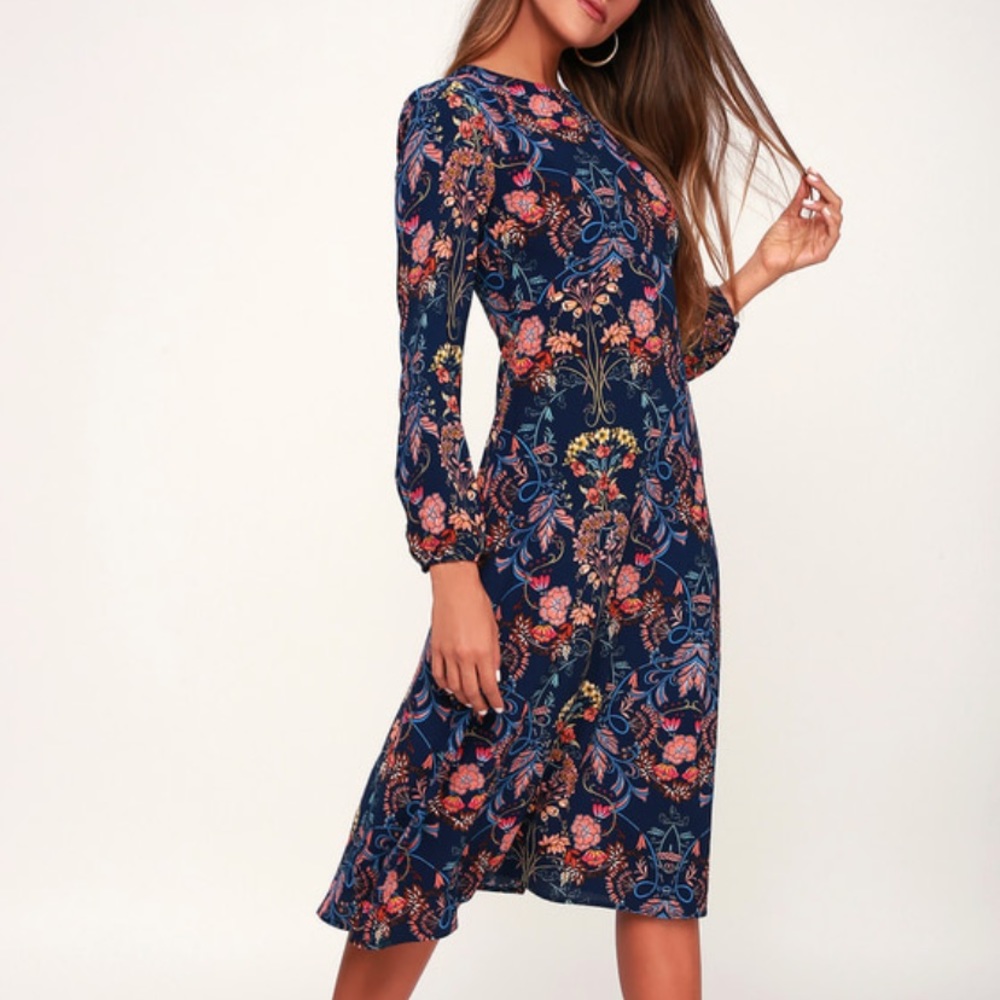 Lulu’s Navy Blue Floral Print Dress